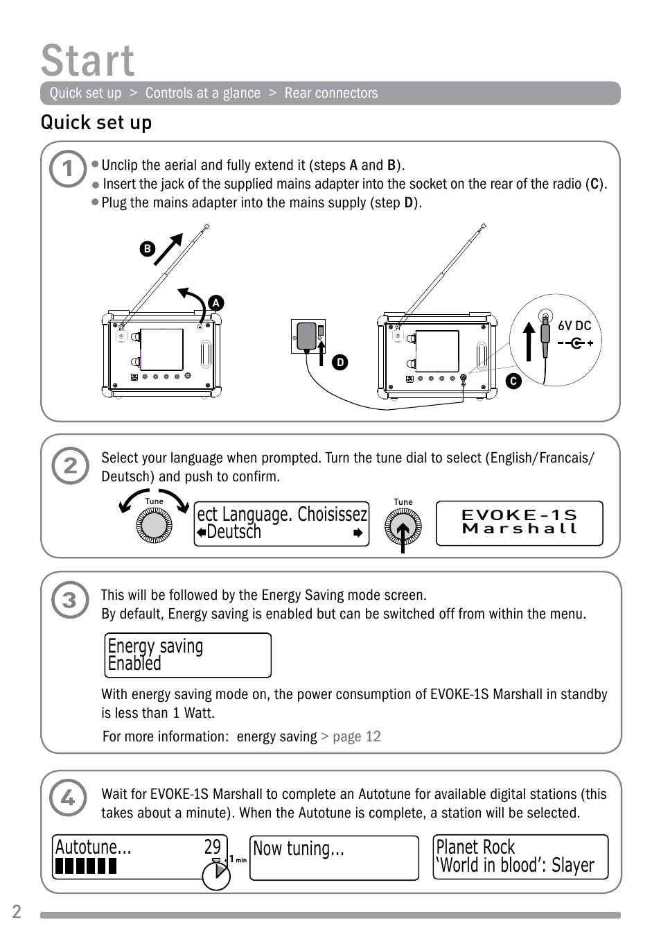 Star t, Quick set up, Autotune now tuning | Deutsch ect language. choisissez | Pure Evoke-1S Marshall User Manual | Page 4 / 88