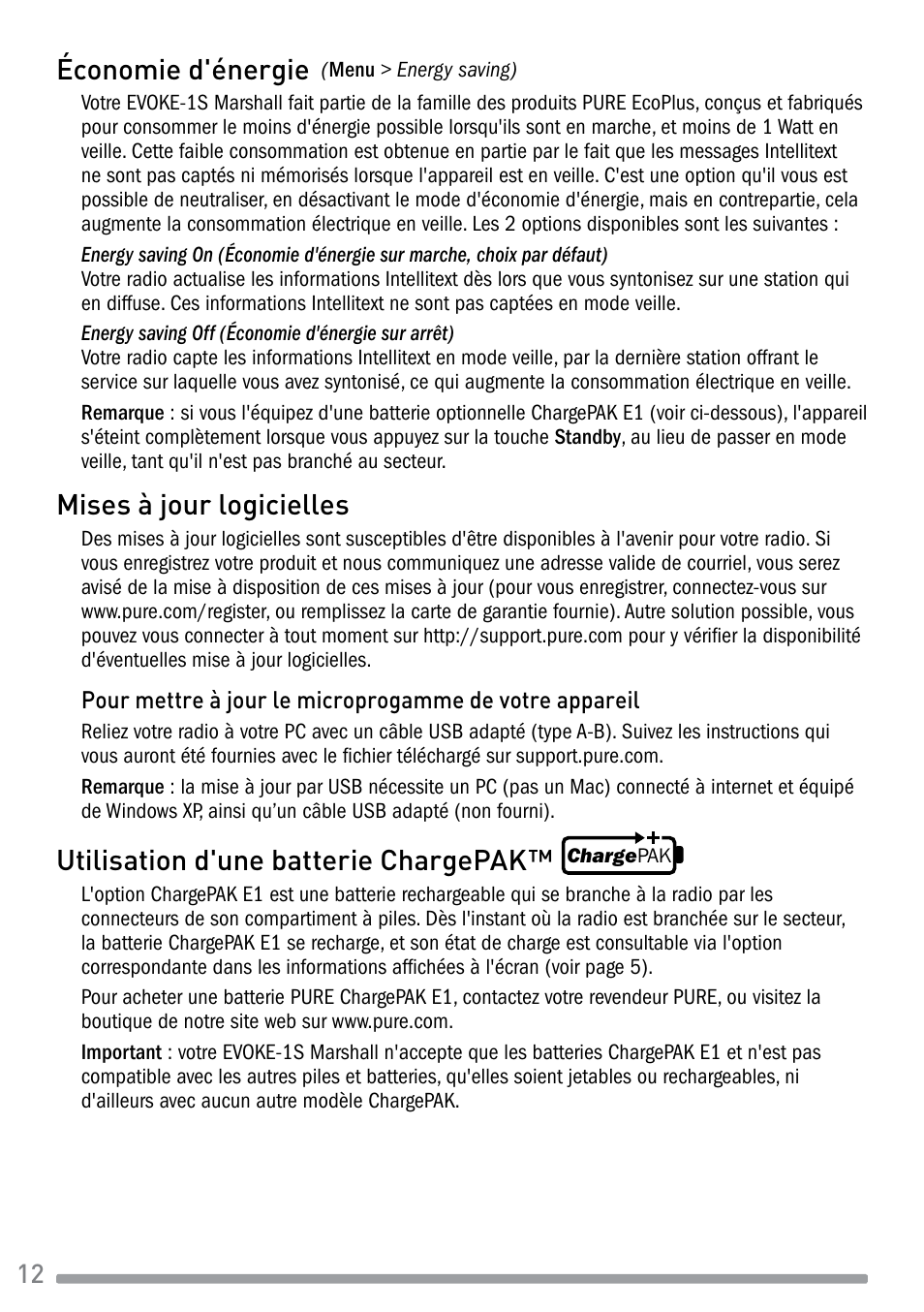 Économie d'énergie, Mises à jour logicielles, Utilisation d'une batterie chargepak | Pure Evoke-1S Marshall User Manual | Page 42 / 88