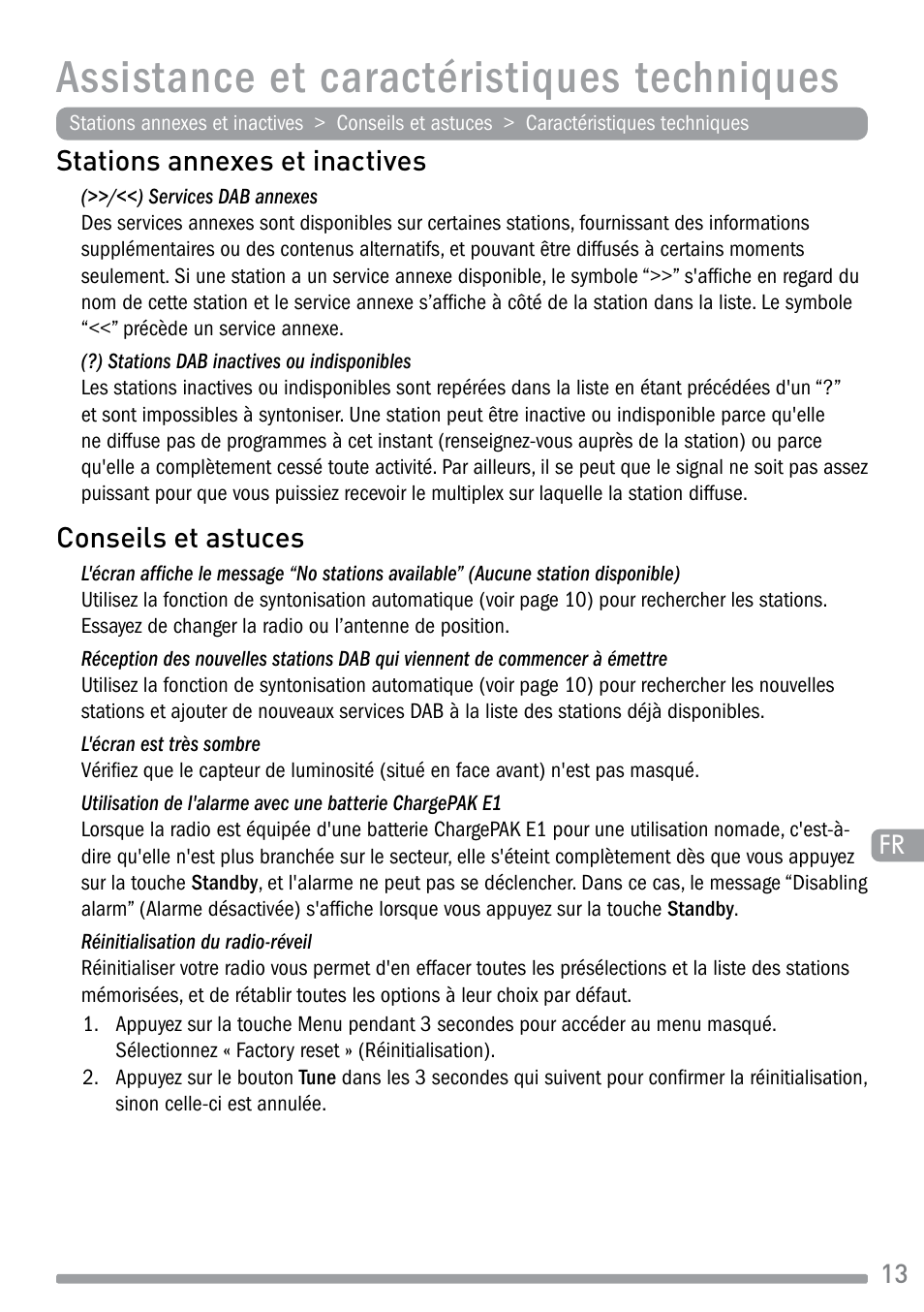 Assistance et caractéristiques techniques, Stations annexes et inactives, Conseils et astuces | Pure Evoke-1S Marshall User Manual | Page 43 / 88