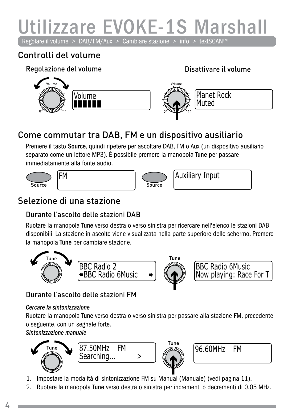 Utilizzare evoke-1s marshall, Controlli del volume, Selezione di una stazione | Pure Evoke-1S Marshall User Manual | Page 48 / 88