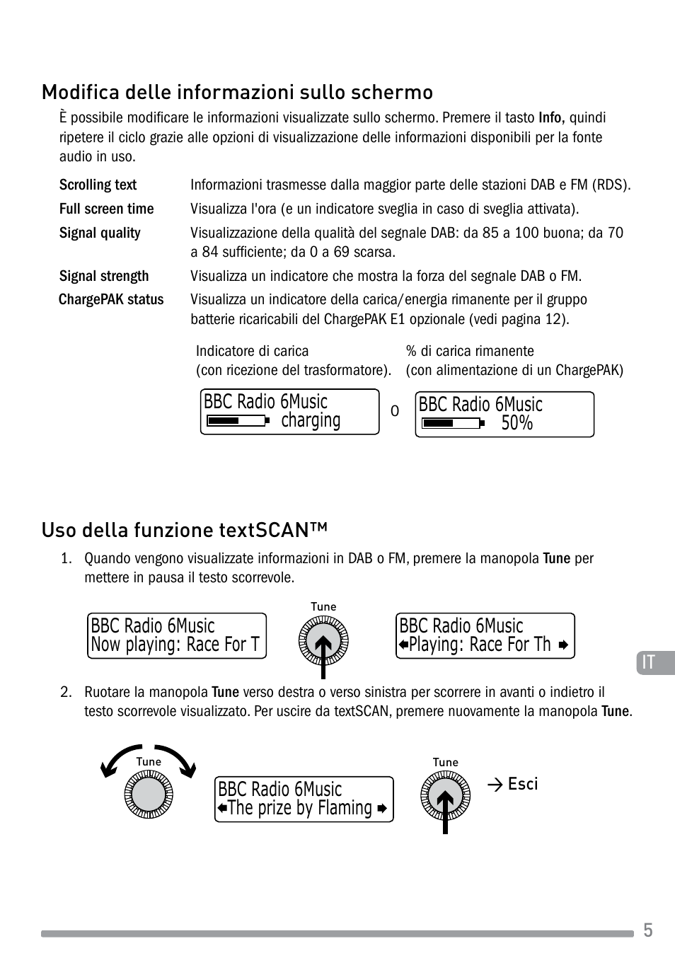 Modifica delle informazioni sullo schermo, Uso della funzione textscan, Bbc radio 6music charging bbc radio 6music 50 | The prize by flaming bbc radio 6music | Pure Evoke-1S Marshall User Manual | Page 49 / 88