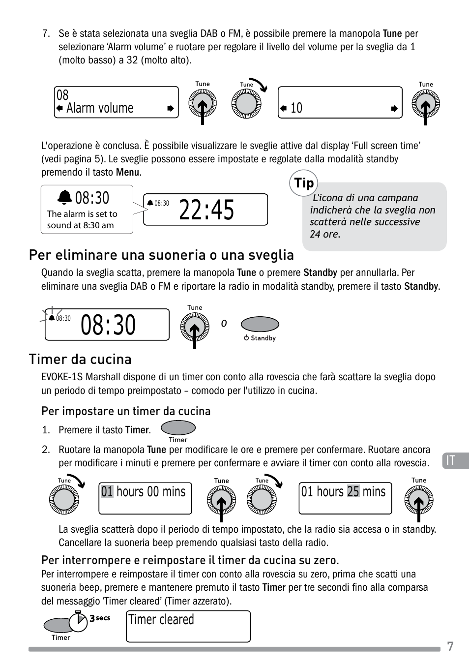 Per eliminare una suoneria o una sveglia, Timer da cucina, Timer cleared | Alarm volume 08 10 | Pure Evoke-1S Marshall User Manual | Page 51 / 88