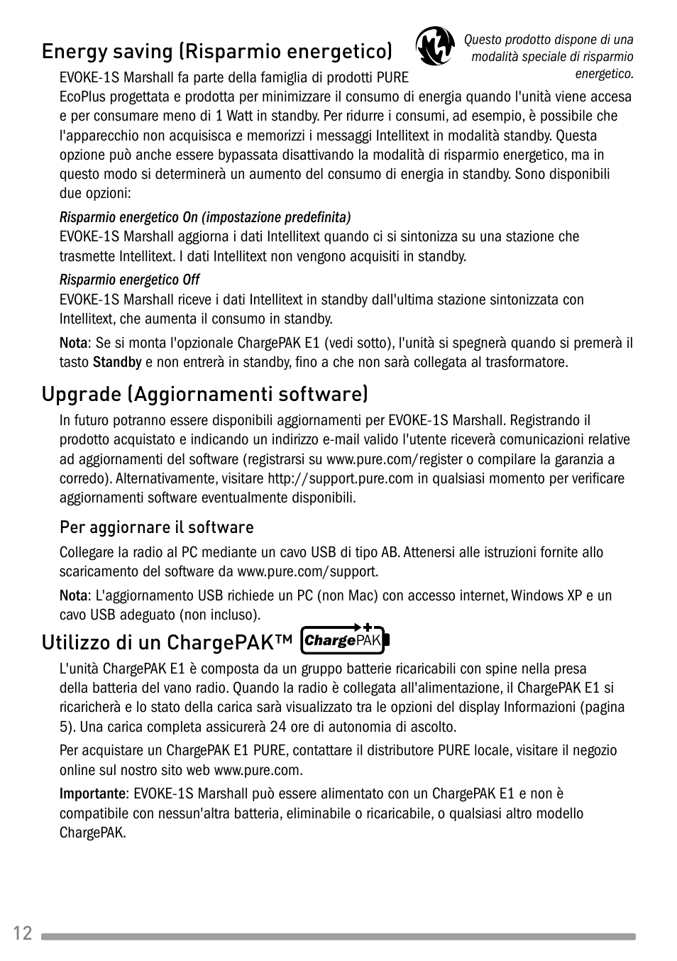 Energy saving (risparmio energetico), Upgrade (aggiornamenti software), Utilizzo di un chargepak | Pure Evoke-1S Marshall User Manual | Page 56 / 88