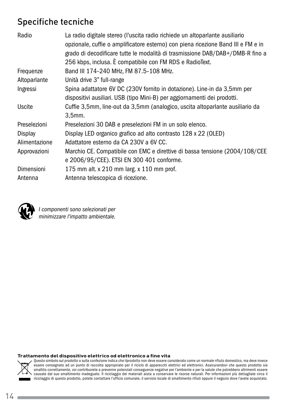 Specifiche tecniche | Pure Evoke-1S Marshall User Manual | Page 58 / 88