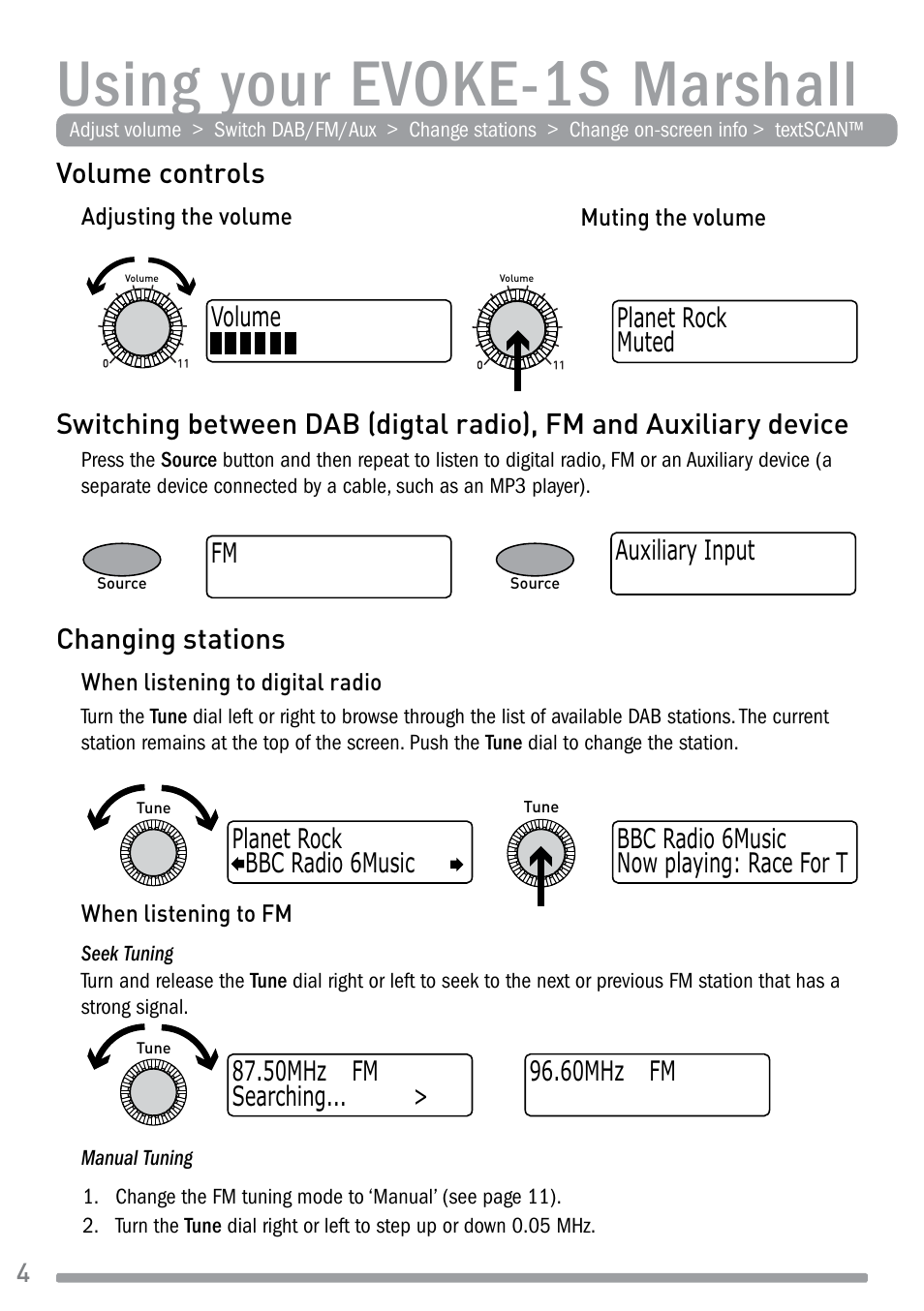 Using your evoke-1s marshall, Volume controls, Changing stations | Pure Evoke-1S Marshall User Manual | Page 6 / 88