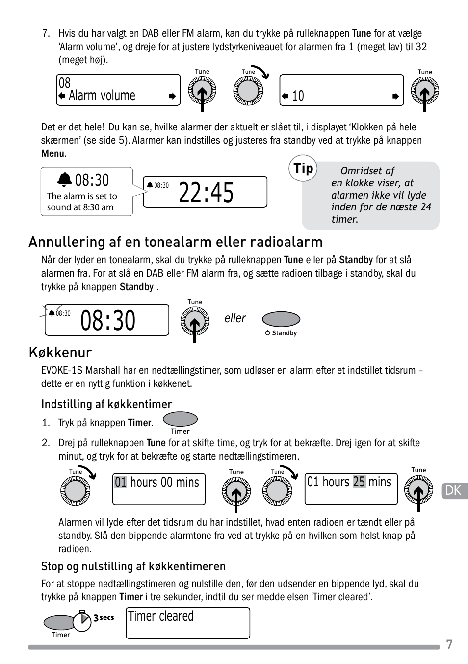 Annullering af en tonealarm eller radioalarm, Køkkenur, Timer cleared | Alarm volume 08 10, Eller | Pure Evoke-1S Marshall User Manual | Page 65 / 88