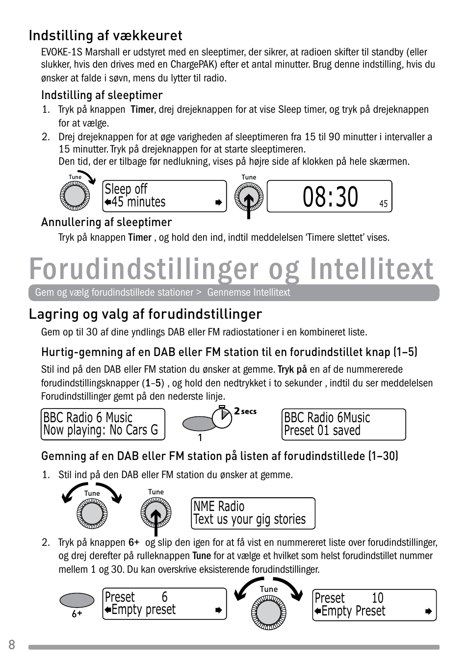 Forudindstillinger og intellitext, Lagring og valg af forudindstillinger, Indstilling af vækkeuret | Pure Evoke-1S Marshall User Manual | Page 66 / 88