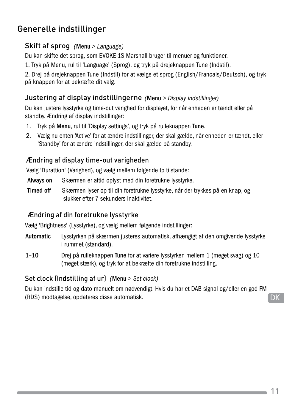 Generelle indstillinger | Pure Evoke-1S Marshall User Manual | Page 69 / 88