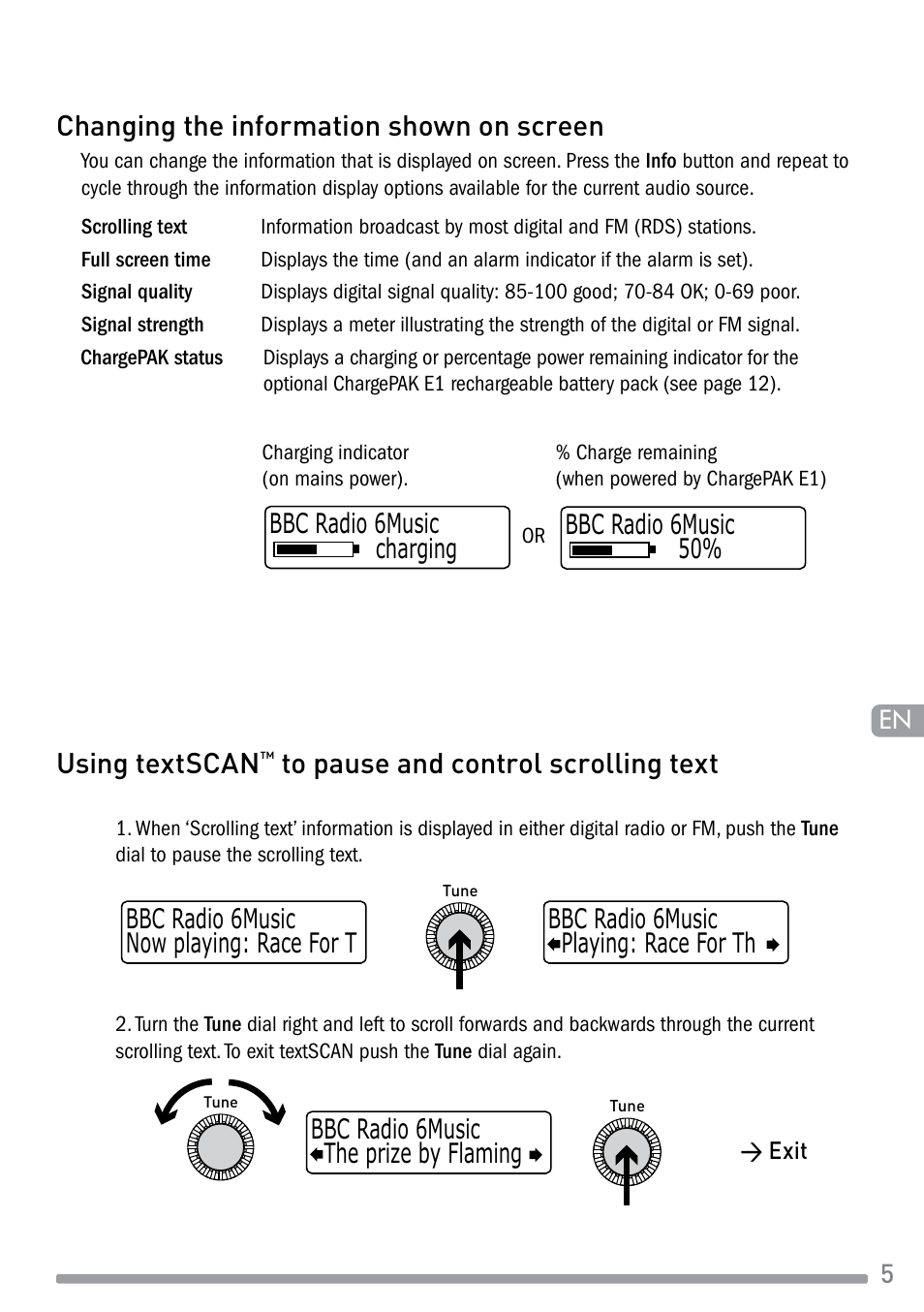 Changing the information shown on screen, Using textscan, Bbc radio 6music charging bbc radio 6music 50 | Pure Evoke-1S Marshall User Manual | Page 7 / 88