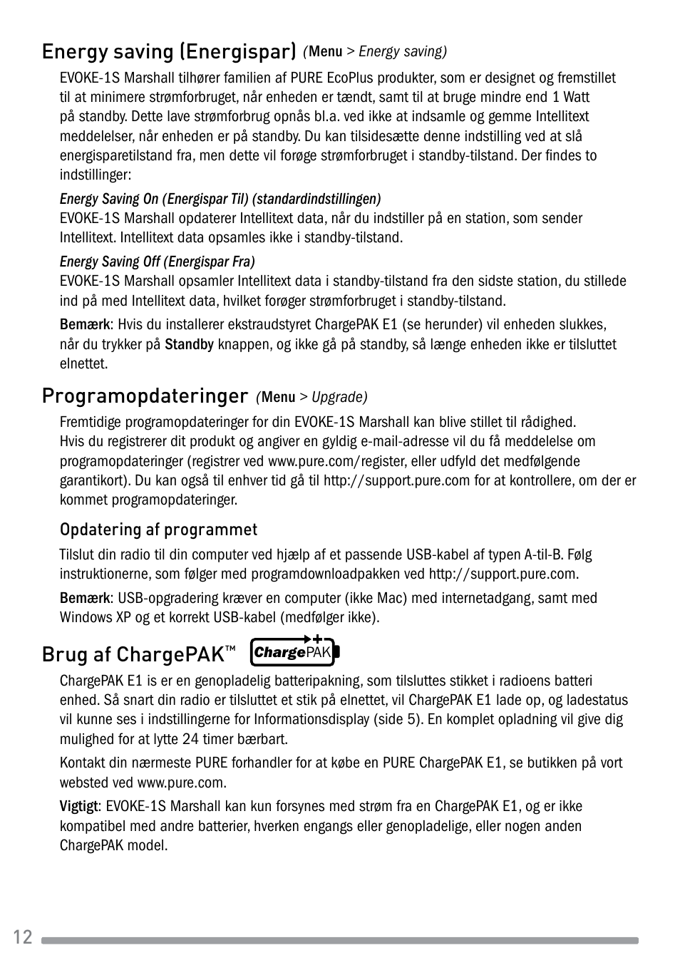 Energy saving (energispar), Programopdateringer, Brug af chargepak | Pure Evoke-1S Marshall User Manual | Page 70 / 88