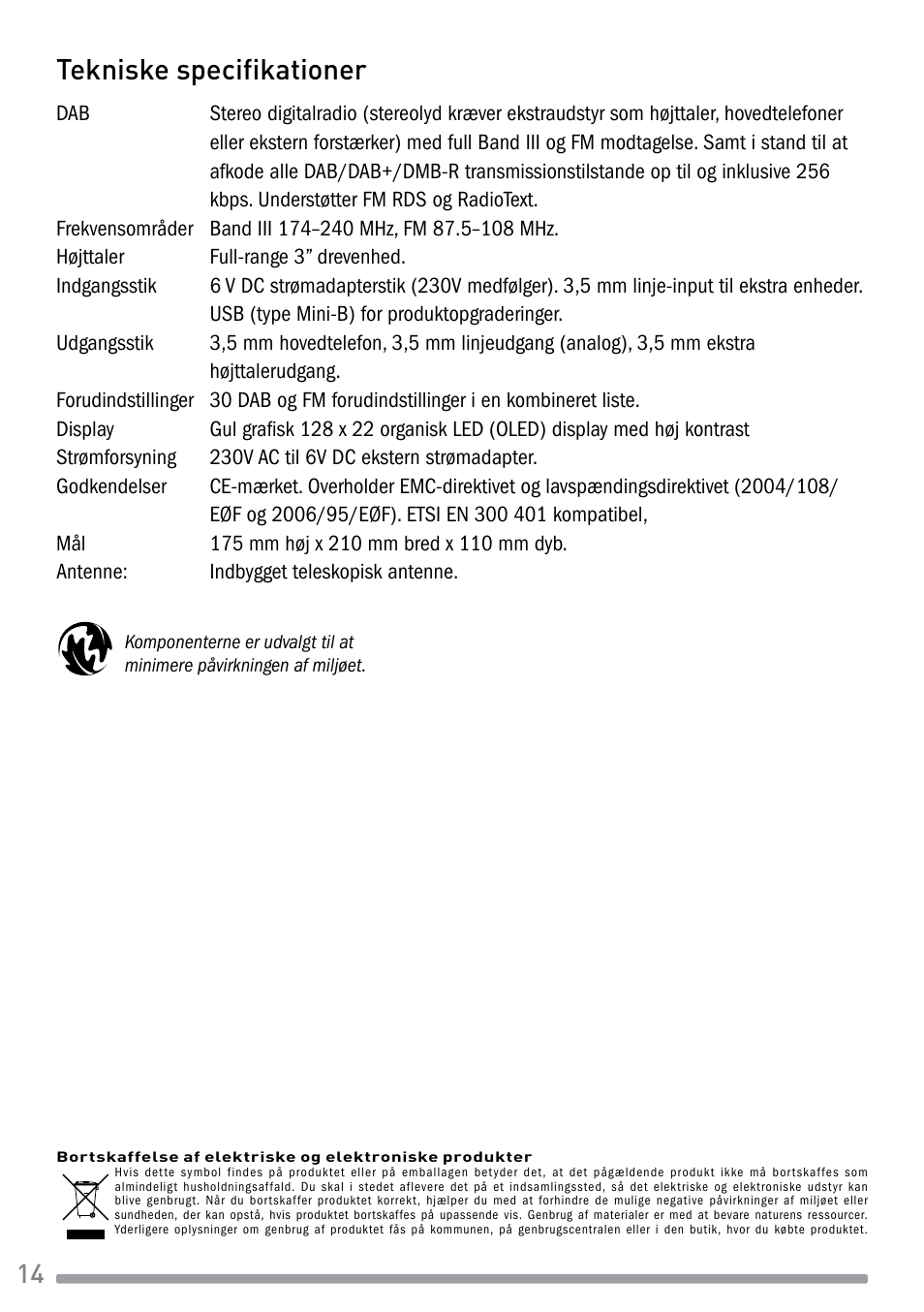 Tekniske specifikationer | Pure Evoke-1S Marshall User Manual | Page 72 / 88