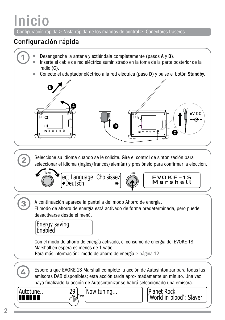 Inicio, Configuración rápida, Autotune now tuning | Deutsch ect language. choisissez | Pure Evoke-1S Marshall User Manual | Page 74 / 88