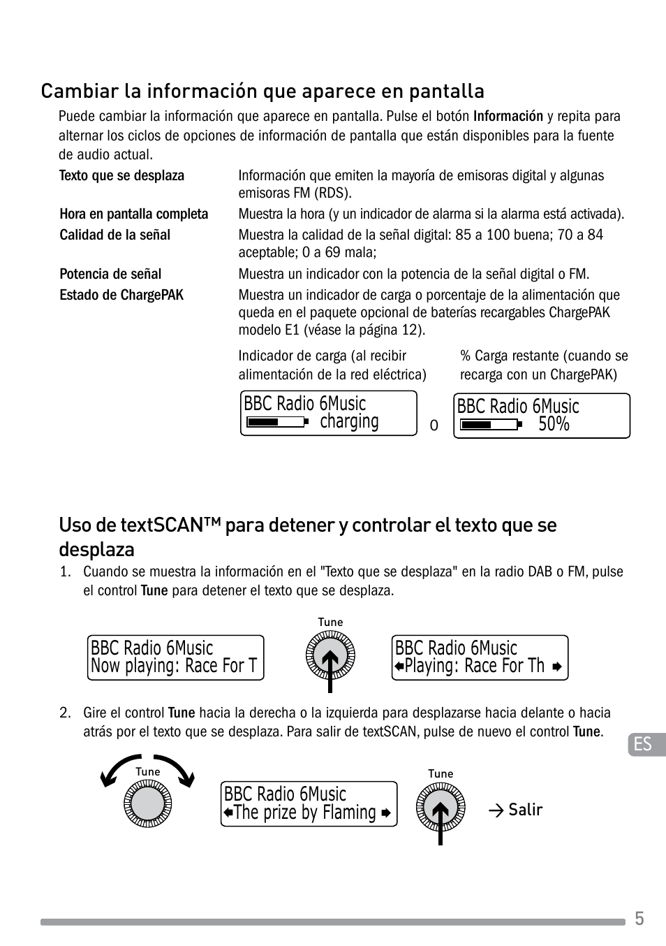 Cambiar la información que aparece en pantalla, Bbc radio 6music charging bbc radio 6music 50 | Pure Evoke-1S Marshall User Manual | Page 77 / 88