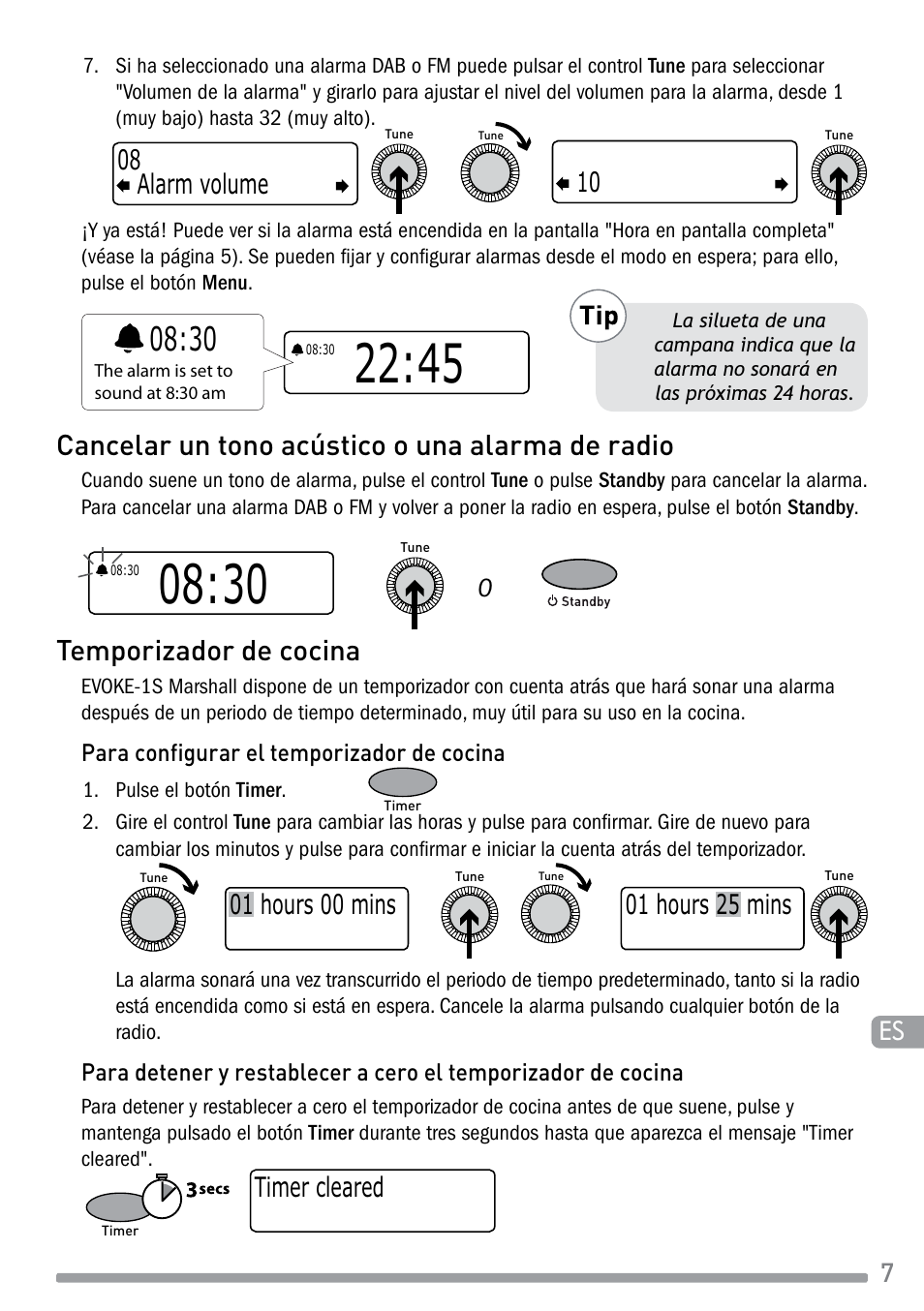 Cancelar un tono acústico o una alarma de radio, Temporizador de cocina, Timer cleared | Alarm volume 08 10 | Pure Evoke-1S Marshall User Manual | Page 79 / 88