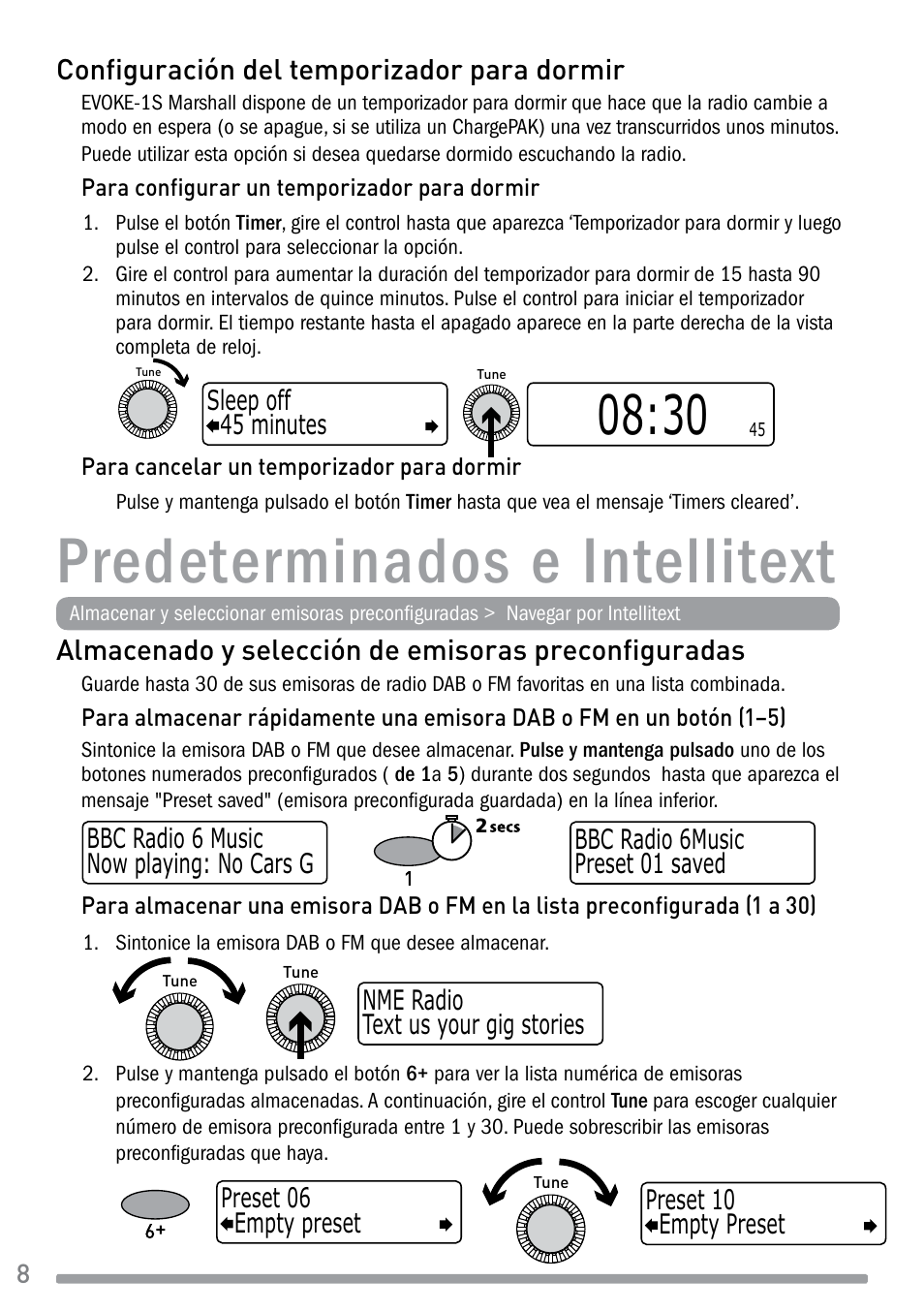 Predeterminados e intellitext, Almacenado y selección de emisoras preconfiguradas, Configuración del temporizador para dormir | Pure Evoke-1S Marshall User Manual | Page 80 / 88
