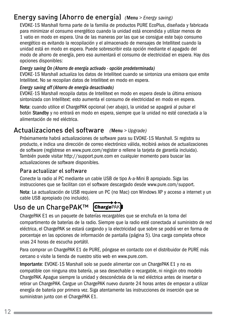 Energy saving (ahorro de energía), Actualizaciones del software, Uso de un chargepak | Pure Evoke-1S Marshall User Manual | Page 84 / 88