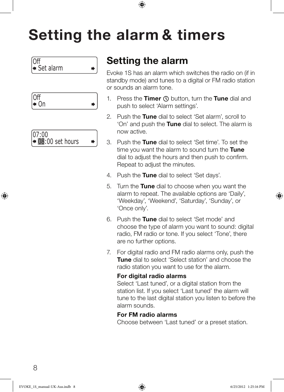 Setting the alarm & timers, Setting the alarm | Pure Evoke-1S User Manual | Page 10 / 20