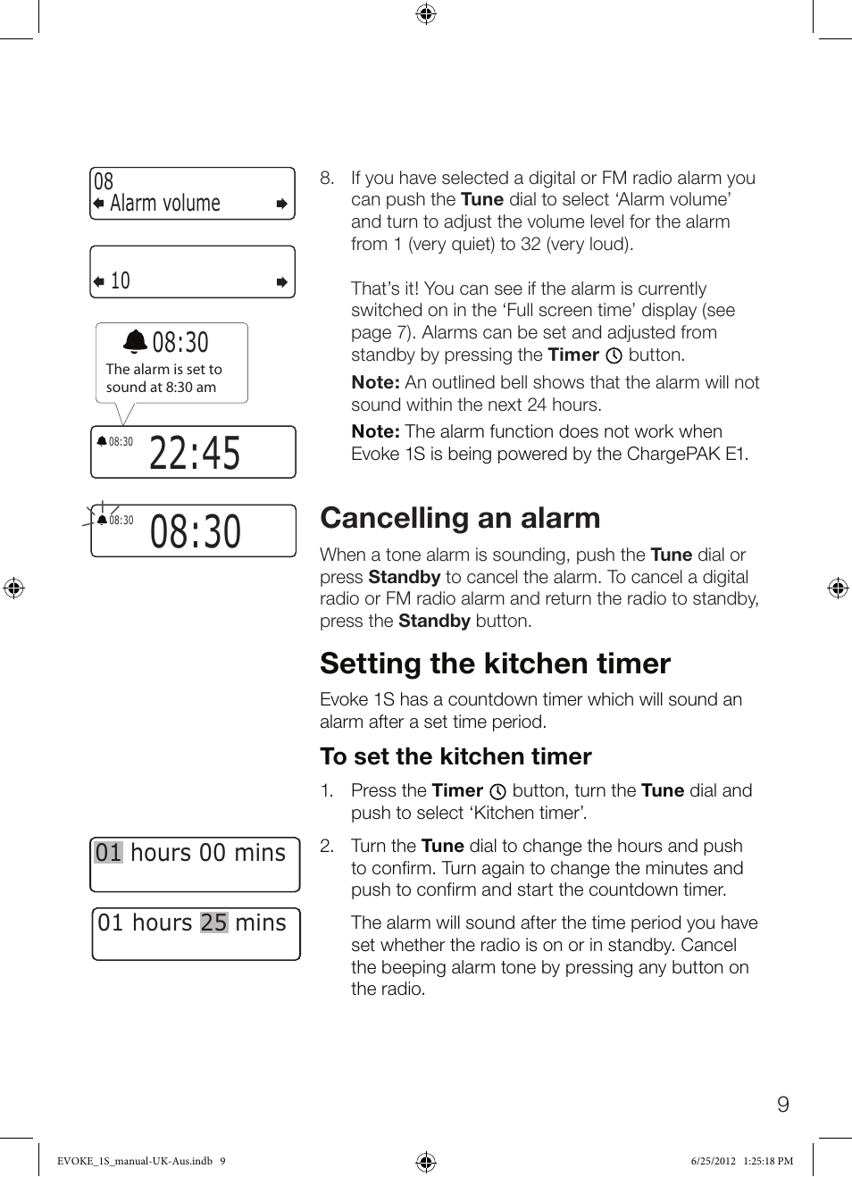 Cancelling an alarm, Setting the kitchen timer, 01 hours 00 mins | Alarm volume 08 10, 01 hours 25 mins | Pure Evoke-1S User Manual | Page 11 / 20