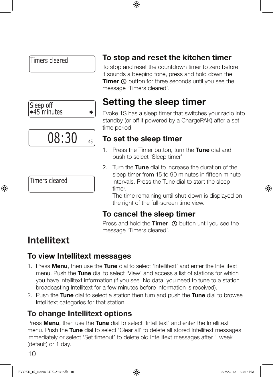 Setting the sleep timer, Intellitext | Pure Evoke-1S User Manual | Page 12 / 20