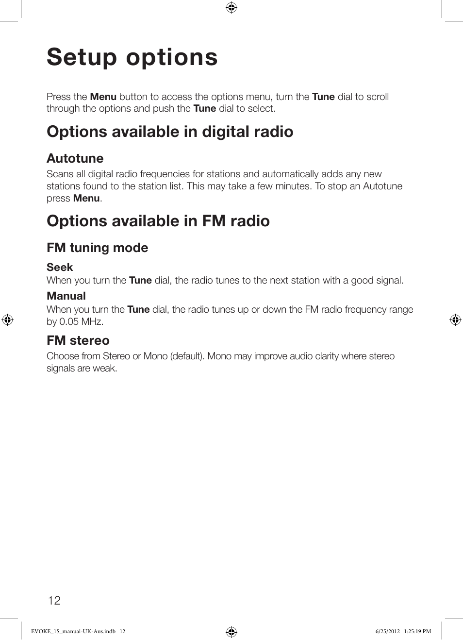 Setup options, Options available in digital radio, Options available in fm radio | Pure Evoke-1S User Manual | Page 14 / 20