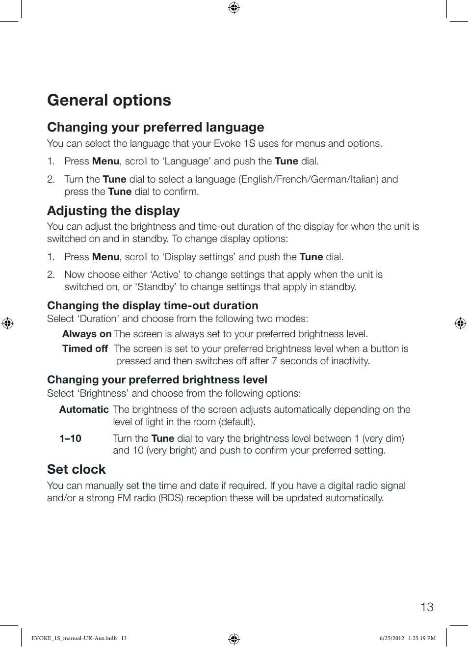 General options, Changing your preferred language, Adjusting the display | Set clock | Pure Evoke-1S User Manual | Page 15 / 20