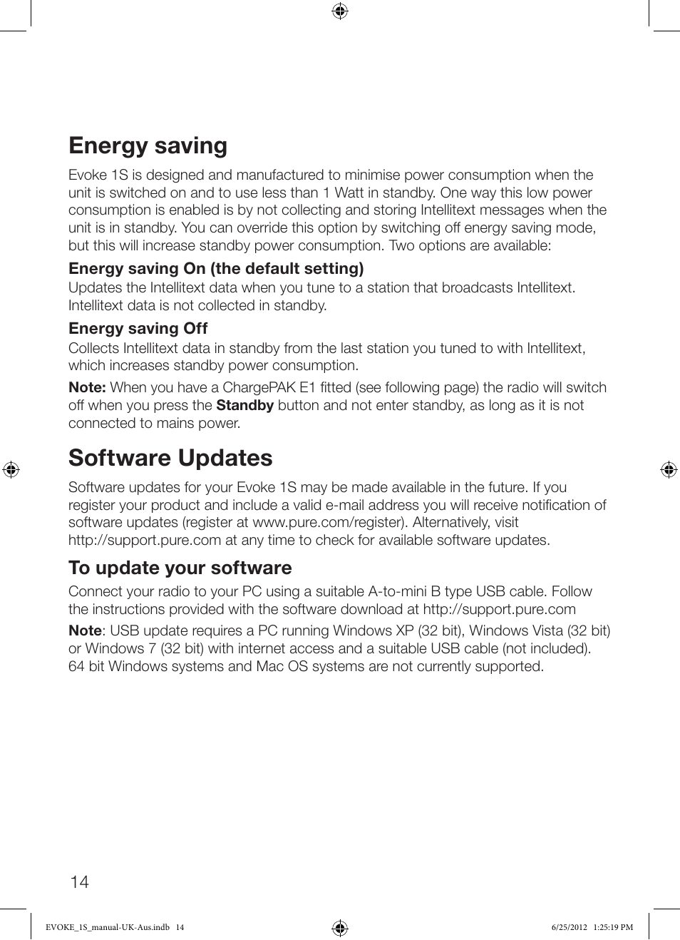 Energy saving, Software updates | Pure Evoke-1S User Manual | Page 16 / 20