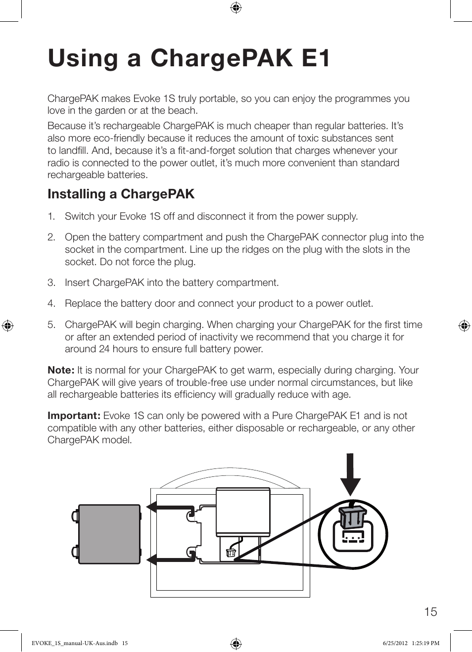 Using a chargepak e1, Installing a chargepak | Pure Evoke-1S User Manual | Page 17 / 20