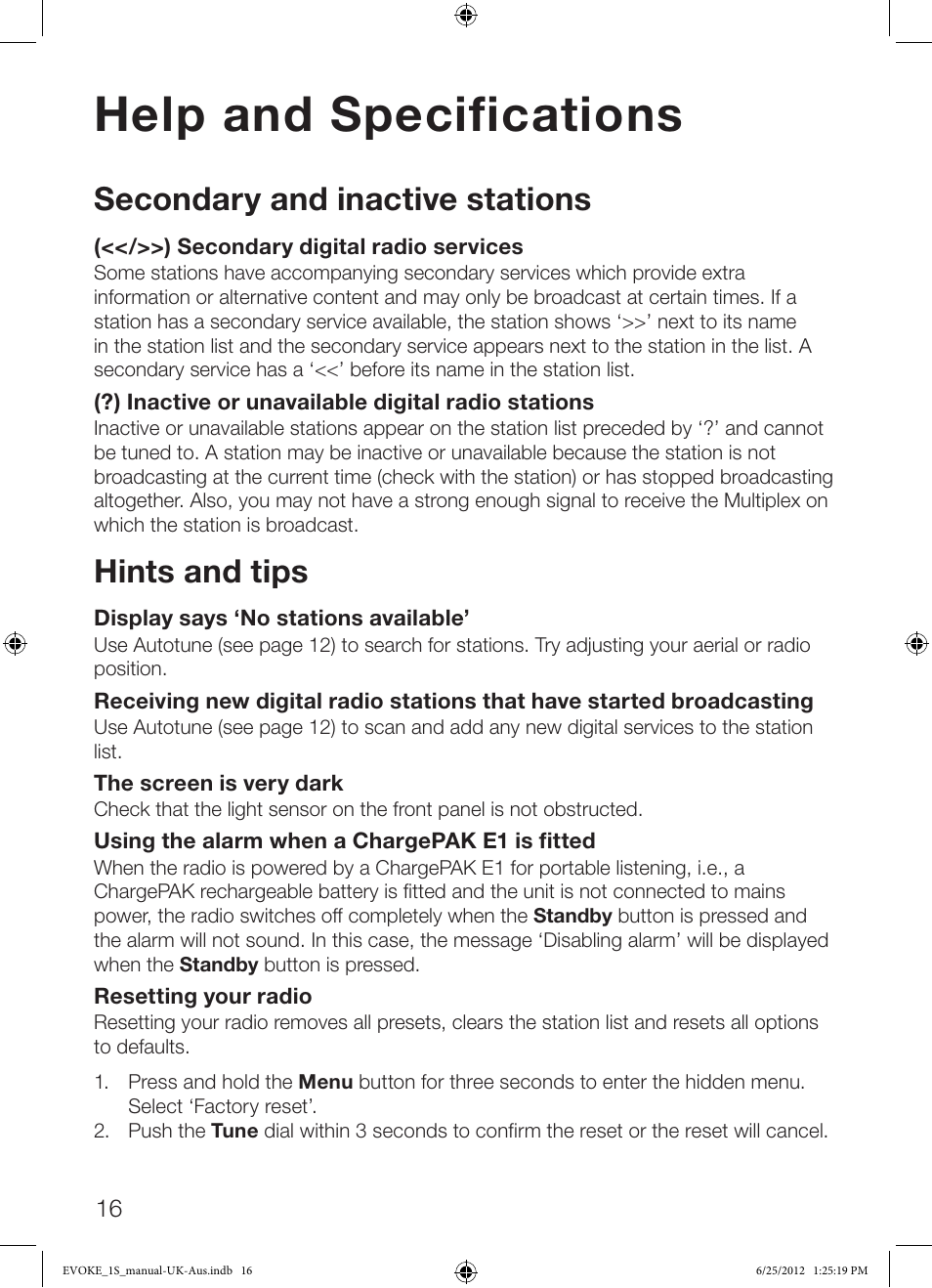 Help and specifications, Secondary and inactive stations, Hints and tips | Pure Evoke-1S User Manual | Page 18 / 20