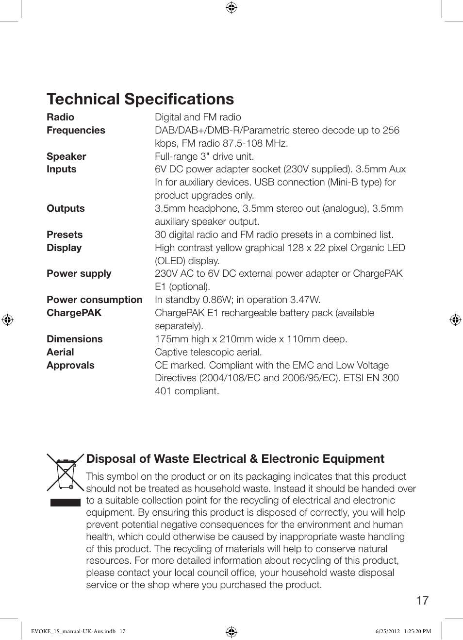 Technical specifications | Pure Evoke-1S User Manual | Page 19 / 20