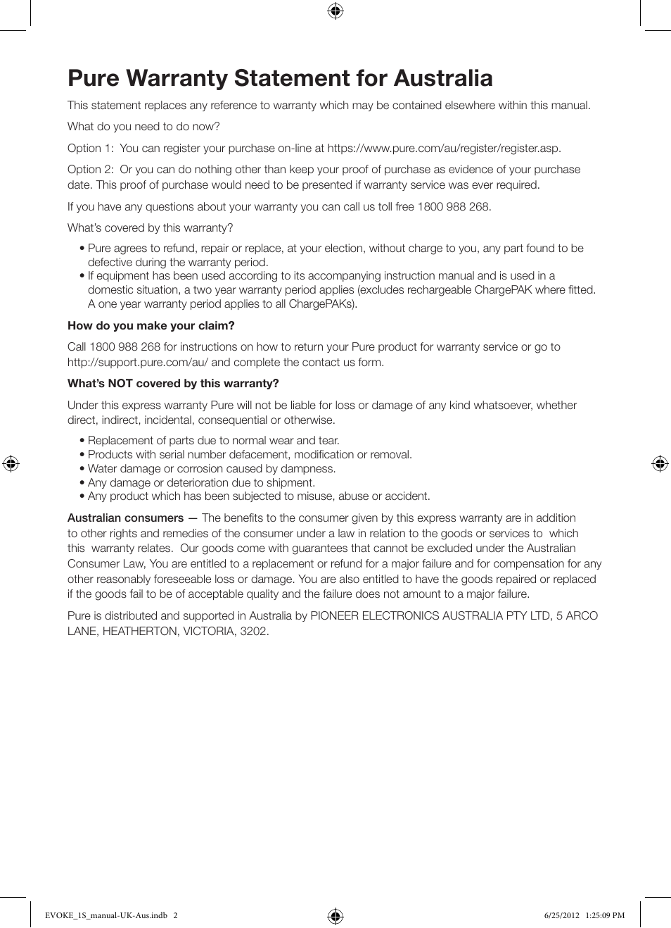 Pure warranty statement for australia | Pure Evoke-1S User Manual | Page 2 / 20