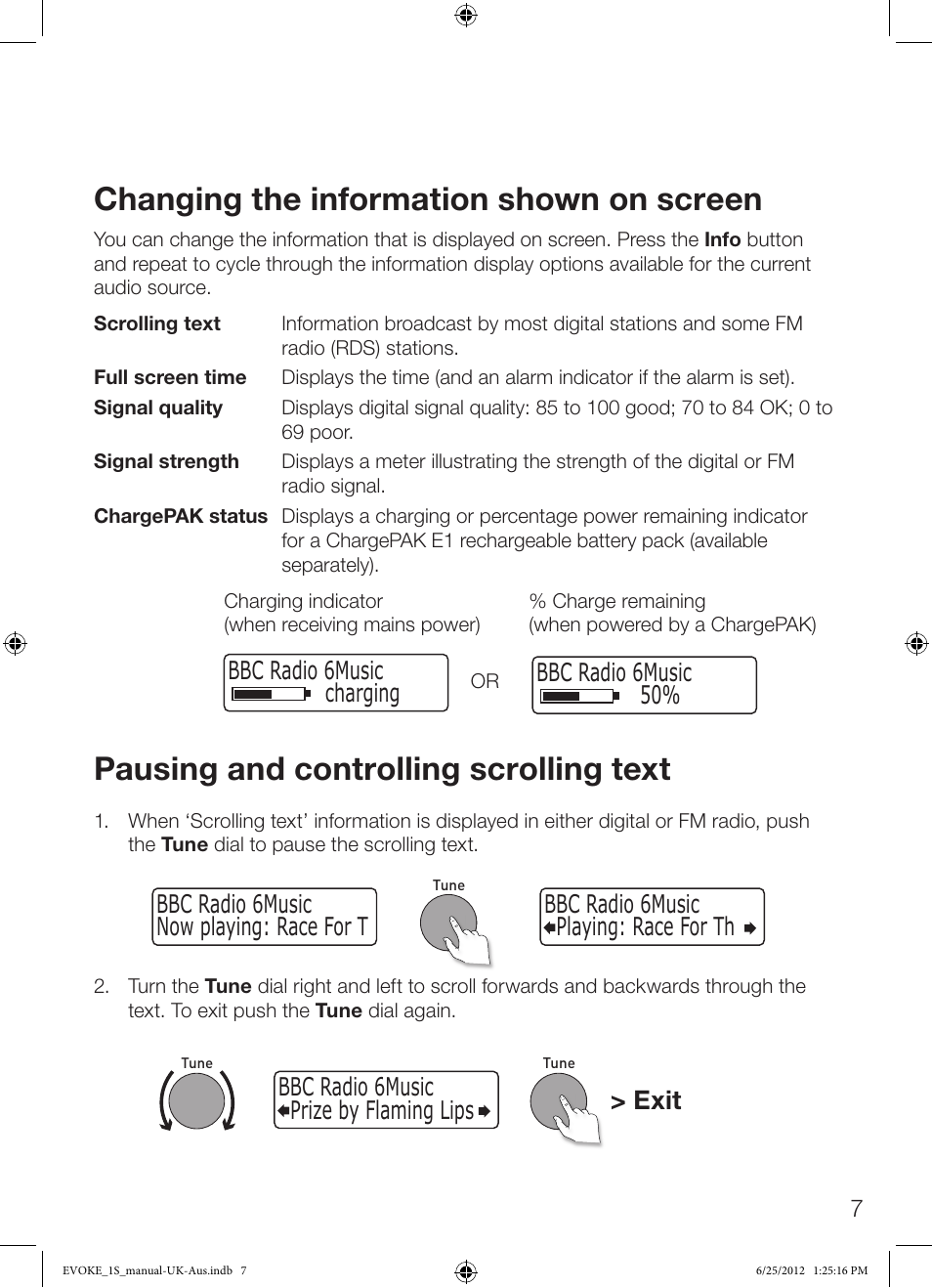 Changing the information shown on screen, Pausing and controlling scrolling text, Exit | Bbc radio 6music charging bbc radio 6music 50 | Pure Evoke-1S User Manual | Page 9 / 20