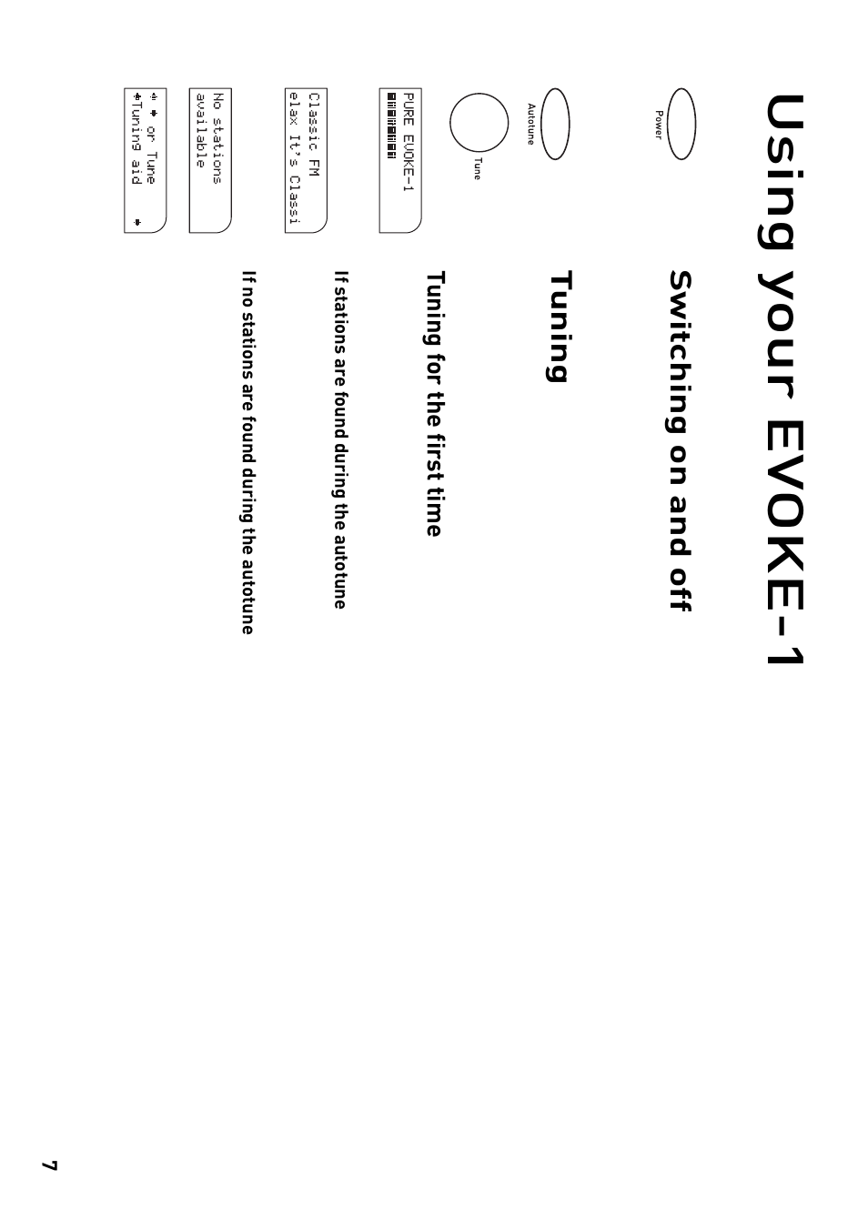 Using y our ev oke-1, Switching on and off, Tuning | Pure Evoke-1 User Manual | Page 11 / 24