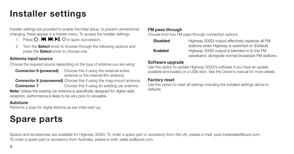 Spare parts, Installer settings | Pure Highway 300Di - Installation Guide User Manual | Page 10 / 12