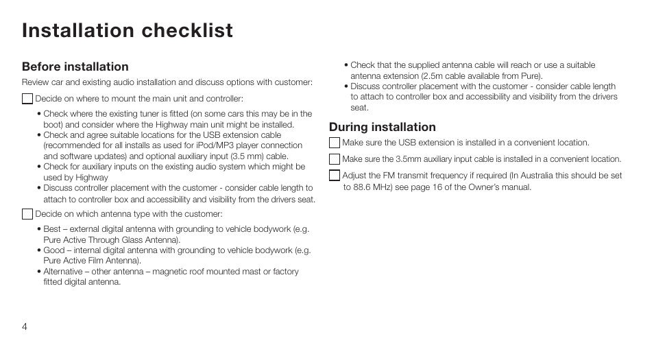 Installation checklist, Before installation, During installation | Pure Highway 300Di - Installation Guide User Manual | Page 6 / 12