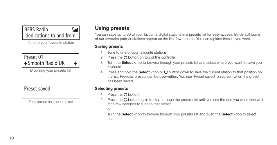 Bfbs radio dedications to and from, Preset 01 smooth radio uk, Preset saved | Pure Highway 300Di - User Guide User Manual | Page 12 / 24