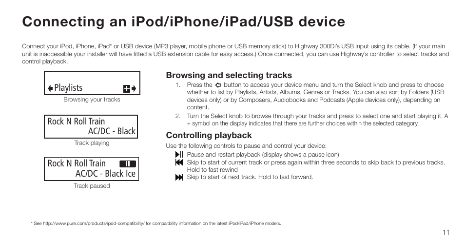 Connecting an ipod/iphone/ipad/usb device, Playlists, Rock n roll train ac/dc - black | Rock n roll train ac/dc - black ice | Pure Highway 300Di - User Guide User Manual | Page 13 / 24