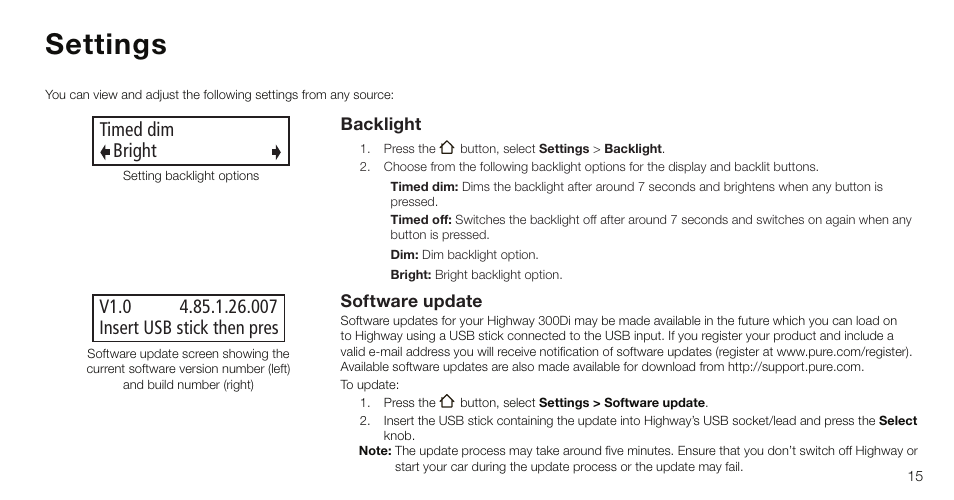 Settings, Timed dim bright | Pure Highway 300Di - User Guide User Manual | Page 17 / 24