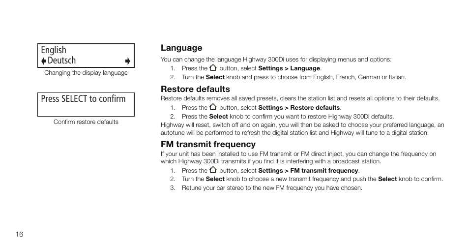 English deutsch, Press select to confirm, Language | Restore defaults, Fm transmit frequency | Pure Highway 300Di - User Guide User Manual | Page 18 / 24