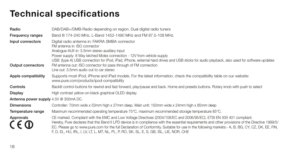 Technical specifications | Pure Highway 300Di - User Guide User Manual | Page 20 / 24