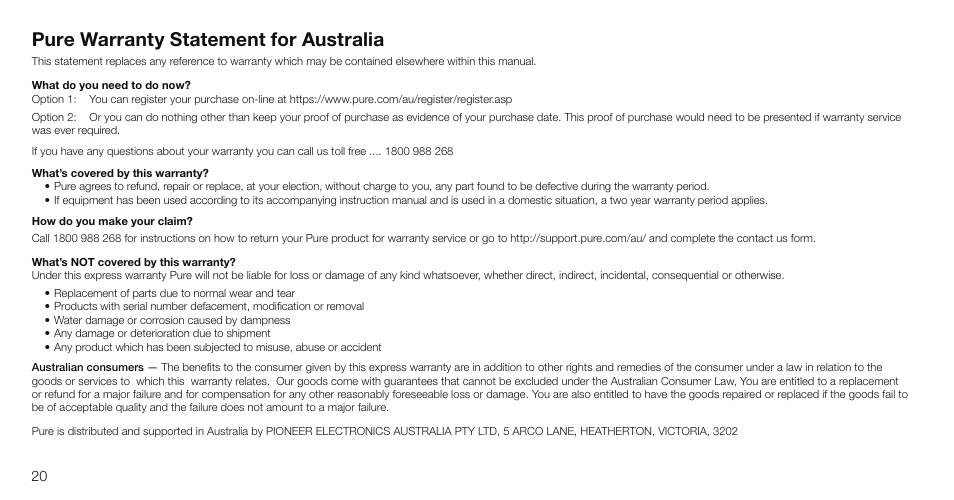 Pure warranty statement for australia | Pure Highway 300Di - User Guide User Manual | Page 22 / 24