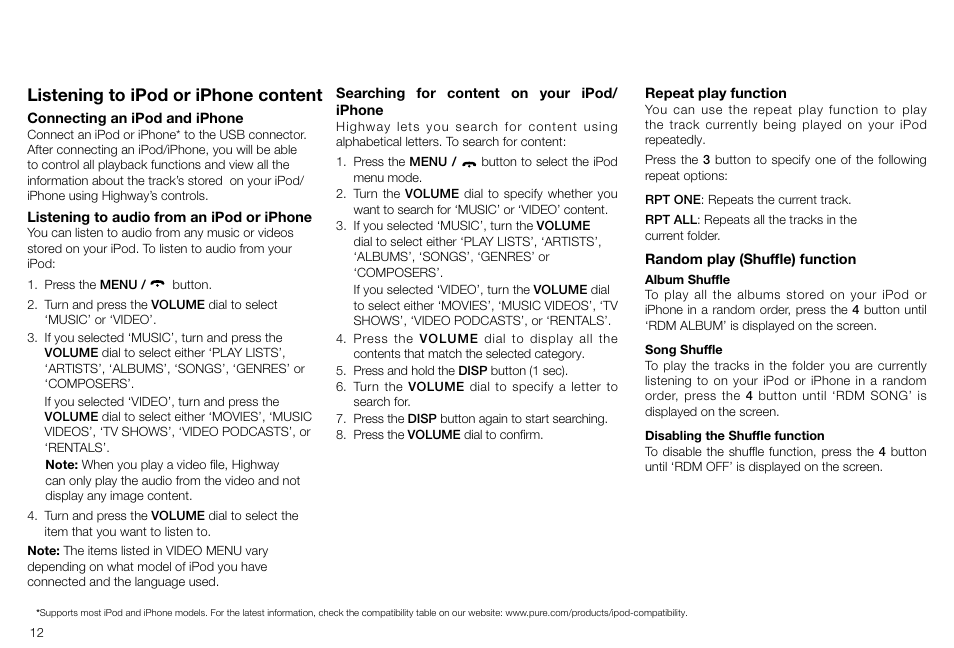 Listening to ipod or iphone content | Pure Highway H260DBi User Manual | Page 12 / 28