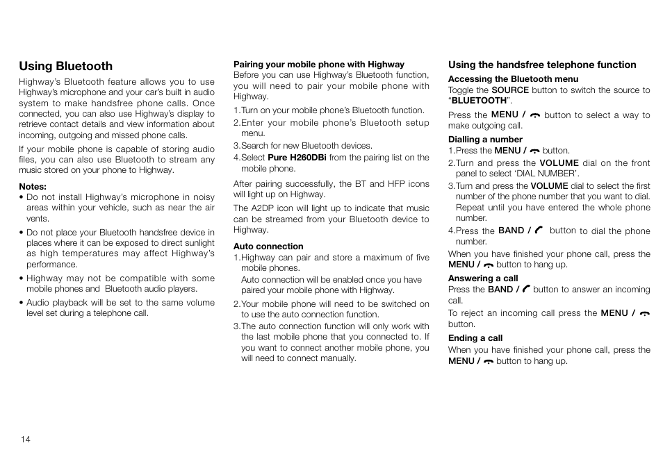 Using bluetooth | Pure Highway H260DBi User Manual | Page 14 / 28