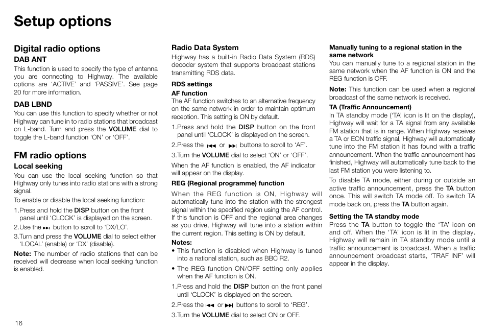 Setup options, Digital radio options, Fm radio options | Pure Highway H260DBi User Manual | Page 16 / 28