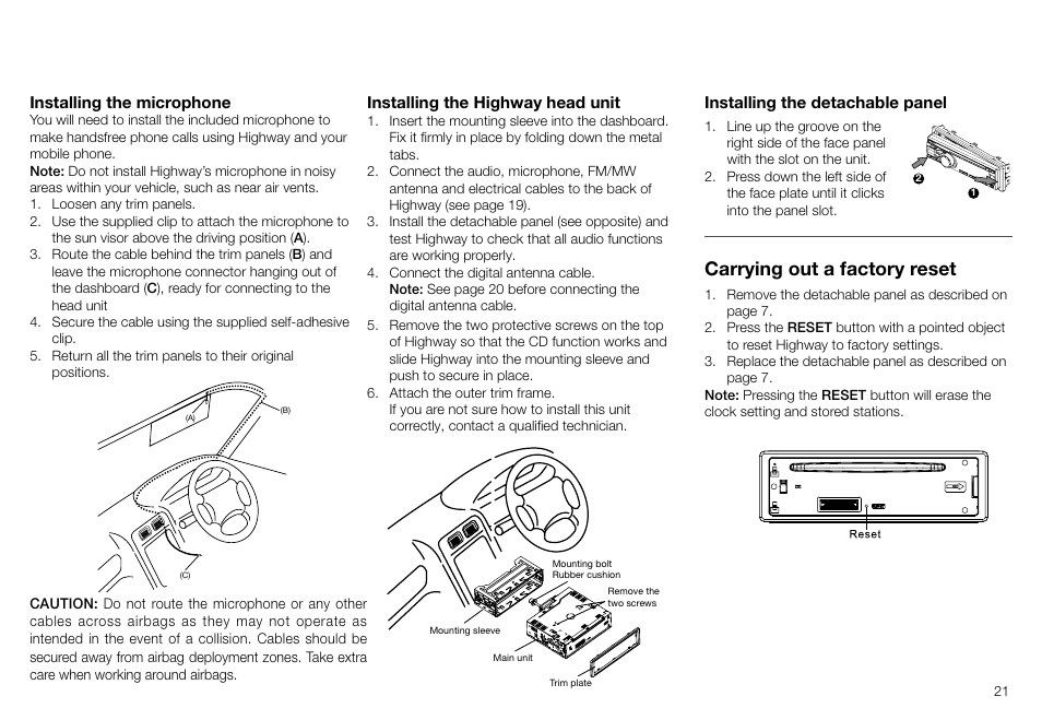 Carrying out a factory reset, Installing the detachable panel, Installing the highway head unit | Installing the microphone | Pure Highway H260DBi User Manual | Page 21 / 28