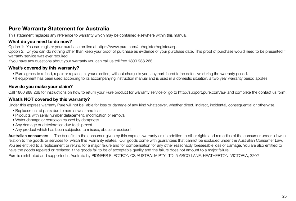 Pure warranty statement for australia | Pure Highway H260DBi User Manual | Page 25 / 28