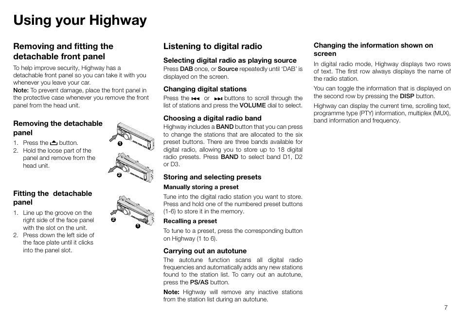 Using your highway, Listening to digital radio, Removing and fitting the detachable front panel | Pure Highway H260DBi User Manual | Page 7 / 28