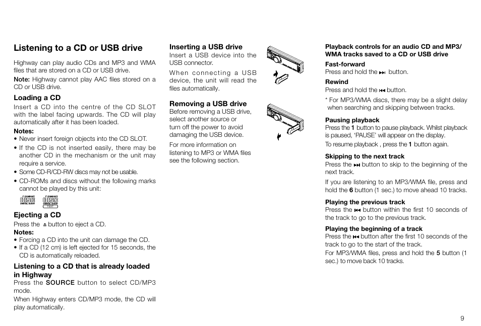 Listening to a cd or usb drive | Pure Highway H260DBi User Manual | Page 9 / 28