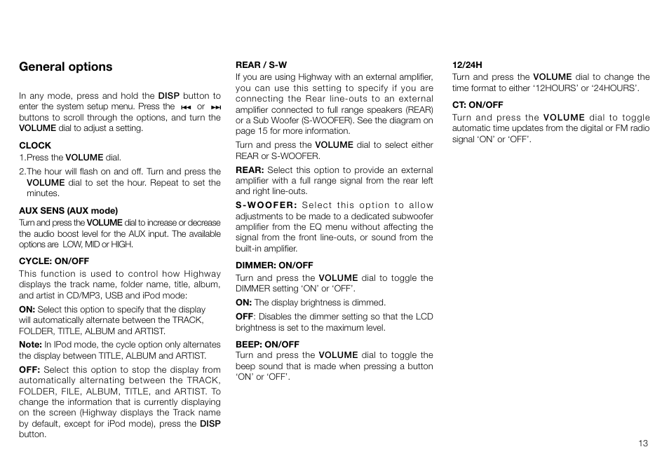 General options | Pure Highway H240Di User Manual | Page 13 / 20
