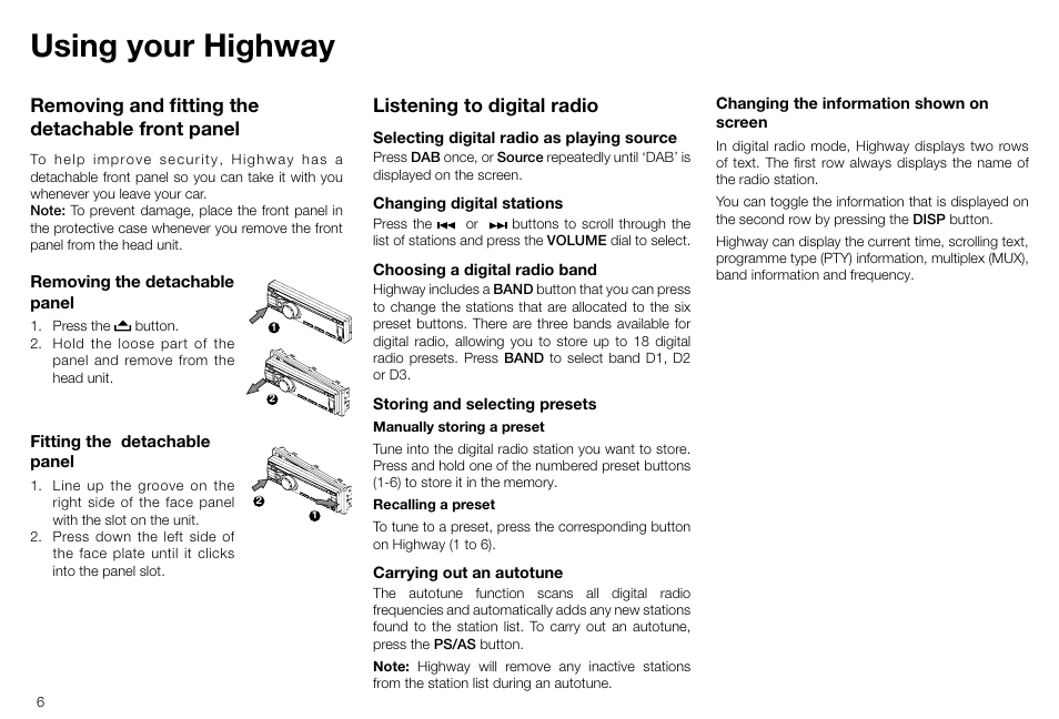 Using your highway, Listening to digital radio, Removing and fitting the detachable front panel | Pure Highway H240Di User Manual | Page 6 / 20