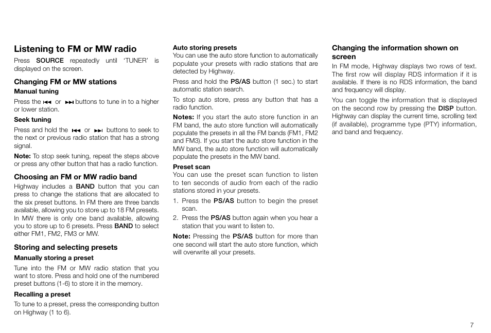 Listening to fm or mw radio | Pure Highway H240Di User Manual | Page 7 / 20